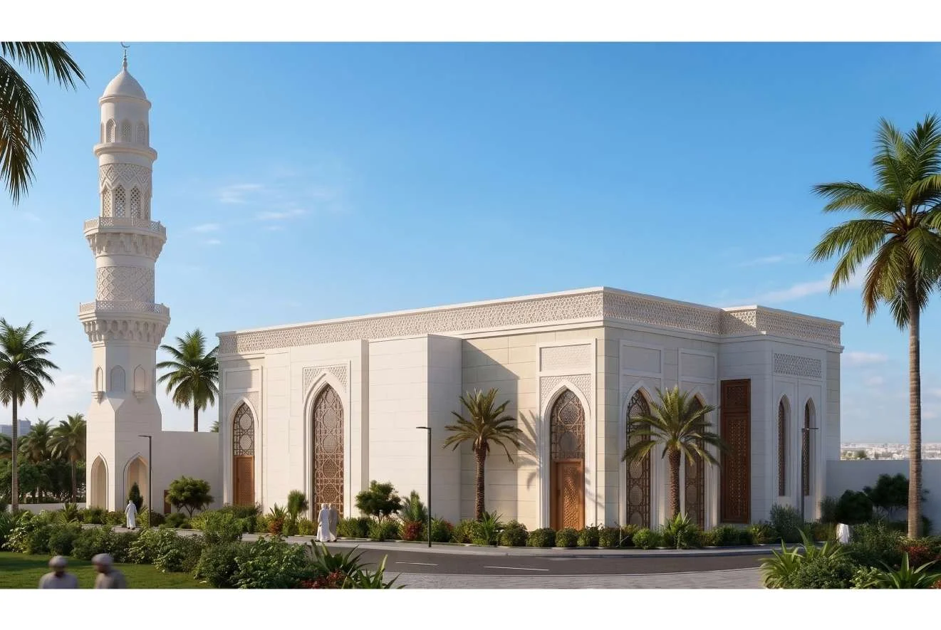 منظور تصميمي نهاري للمسجد: مصلى بتكسية حجرية ومئذنة شاهقة وفتحات ومداخل مقوّسة، وسط أشجار النخيل.