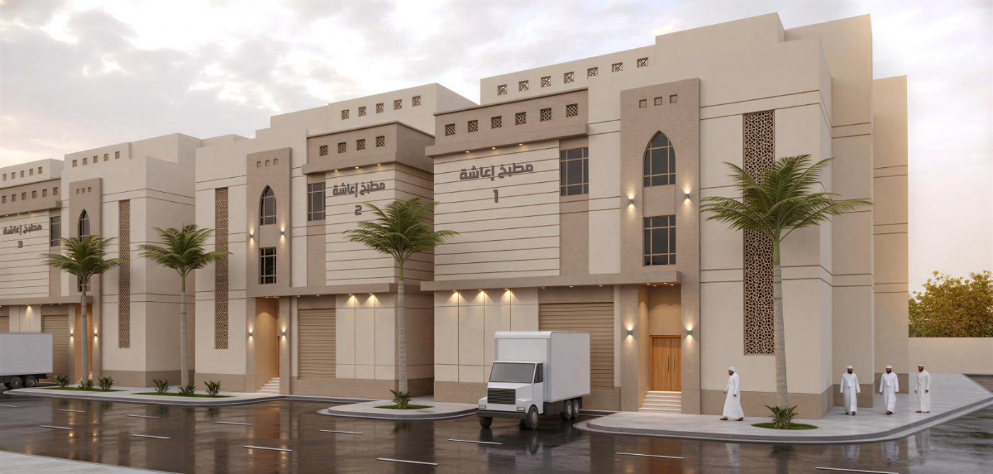 منظور تصميمي زاوي للمبنيين 1 و2، يظهر فتحات النوافذ المقوّسة والمشربيات المفرغة وأبواب مناطق التحميل.