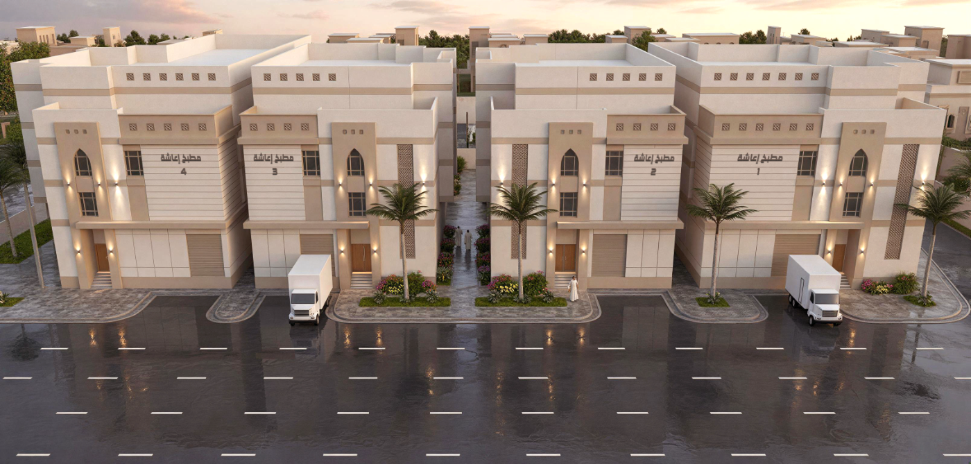 منظور تصميمي نهاري لصف المباني الأربعة كاملاً، بمداخل مرقّمة وأشجار نخيل ومواقف على الشارع.