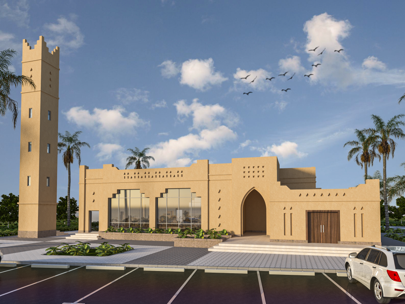 منظور تصميمي أمامي للجامع تؤطره أشجار النخيل، يظهر المئذنة البرجية وفتحة المصلى الزجاجية.