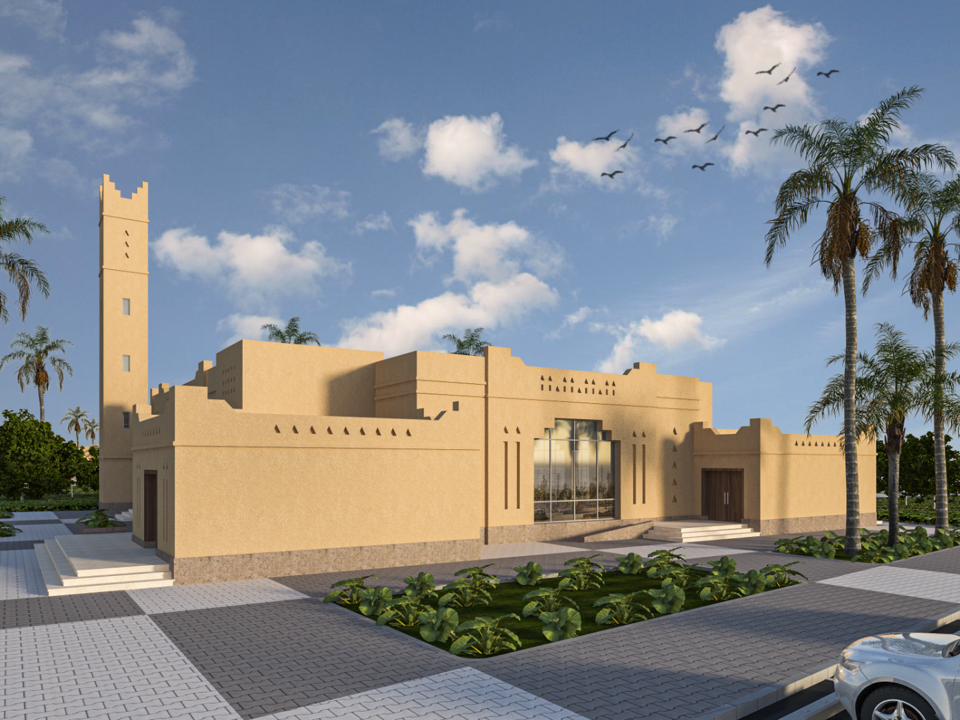 منظور تصميمي لممر مدخل الجامع بالبوابة المقوّسة والألواح المشربية الهندسية المفرغة.