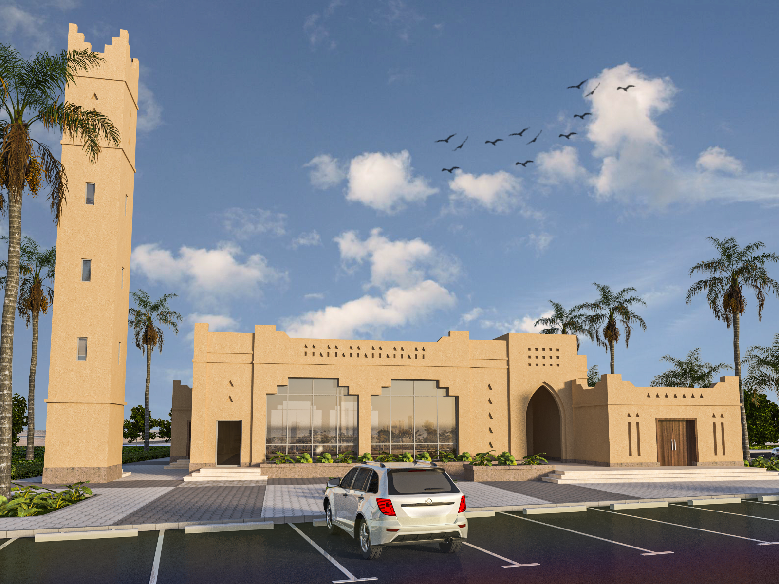 منظور تصميمي نهاري للواجهة الرئيسية للجامع: واجهة رملية بطابع نجدي مع مئذنة برجية مسننة ومدخل مقوّس ونوافذ زجاجية للمصلى، تحفّها مواقف السيارات وأشجار النخيل.