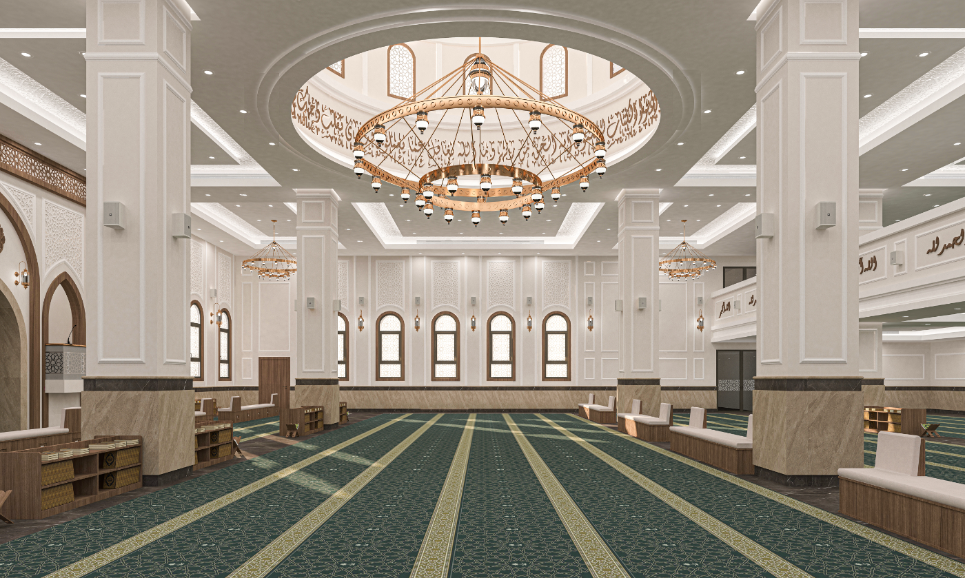 تصميم داخلي لبحر السقف المقبب الأوسط، بثريا حلقية كبيرة وشريط خط عربي أسفل فتحة القبة.