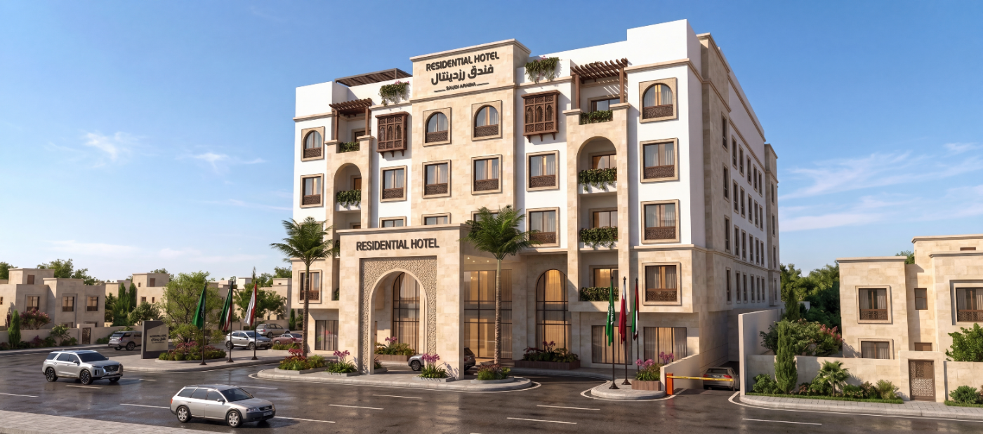 منظور تصميمي لمدخل الفندق المسقوف، باللافتة التجارية وواجهة الردهة الزجاجية المقوّسة.