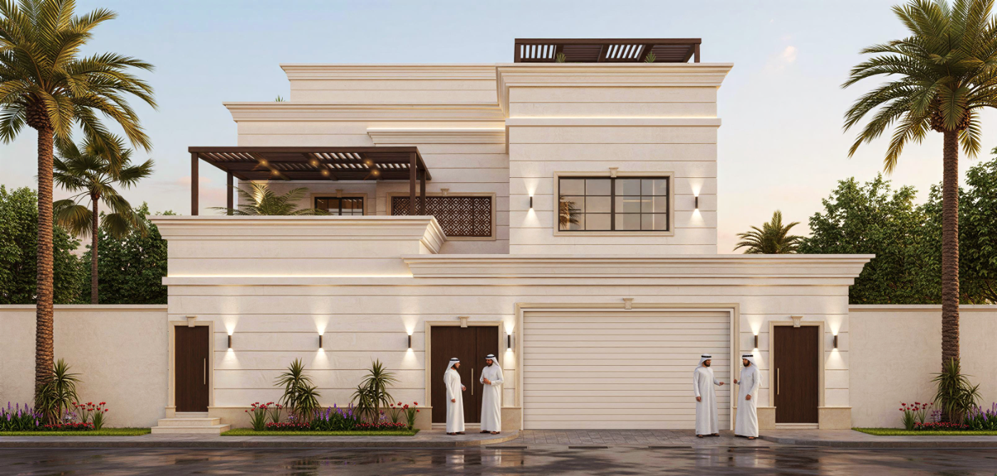 منظور جوي تصميمي نهاري للفيلا، يظهر مظلة السيارات والبرجولا العلوية والحديقة المنسّقة.