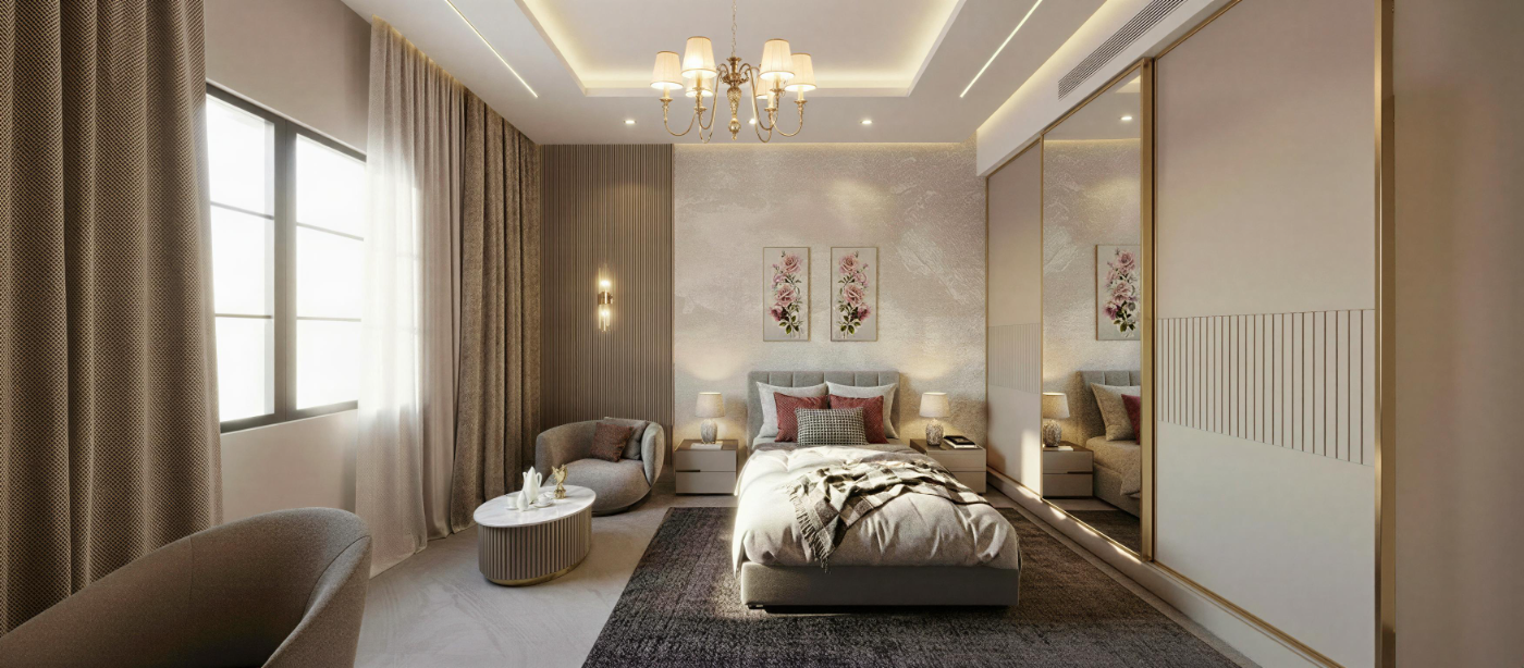 تصميم داخلي لصالة معيشة رسمية بصفوف أرائك منجدة متقابلة وثريا كريستالية.