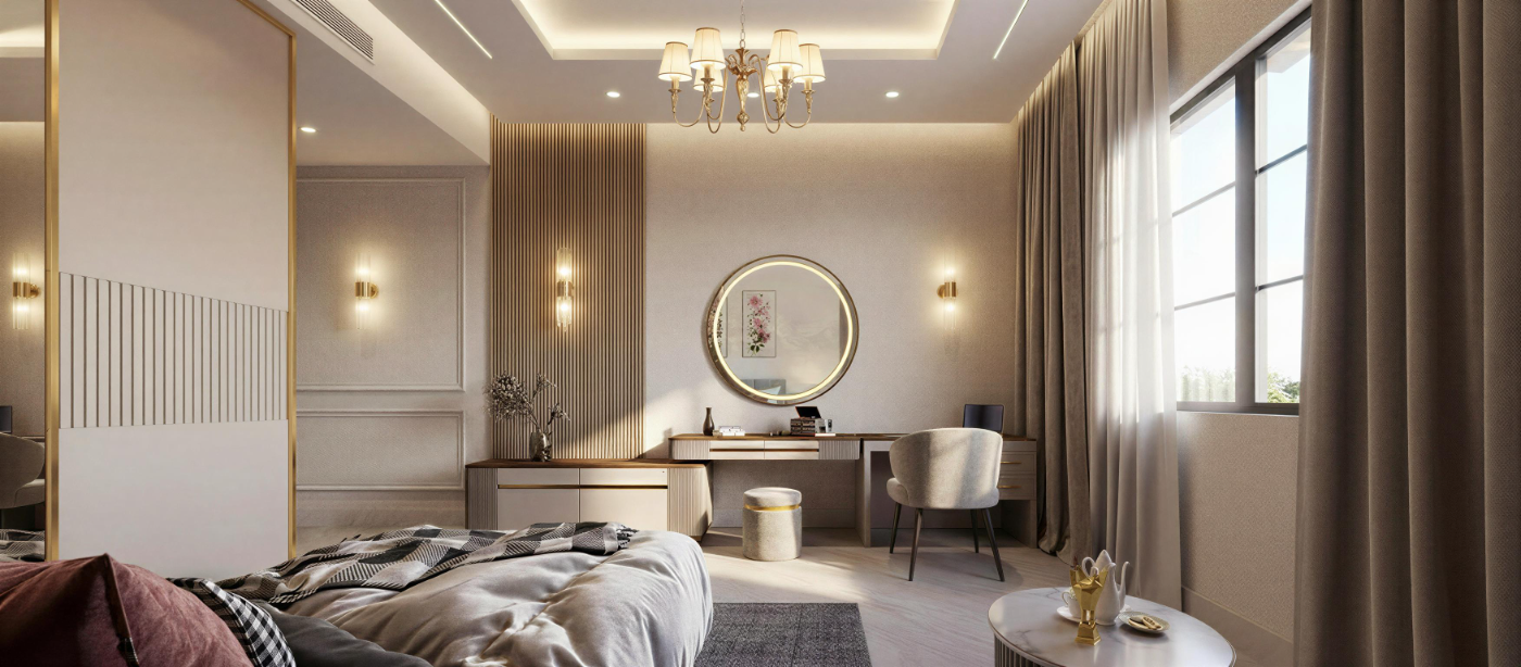 تصميم داخلي لصالة معيشة عائلية بمقاعد زاوية خضراء وجدار مميز بألواح خشبية.