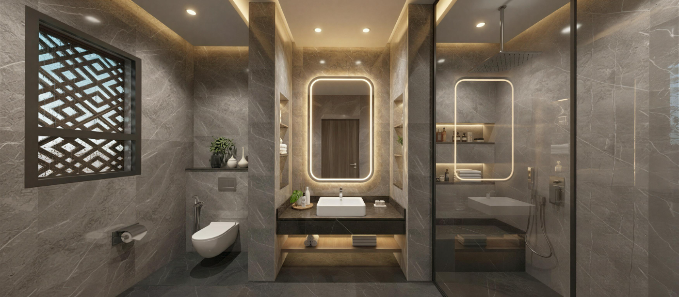 تصميم داخلي لصالة المدخل والدرج، بركن مزروع أسفل الدرج ودرابزين بتفاصيل ذهبية.