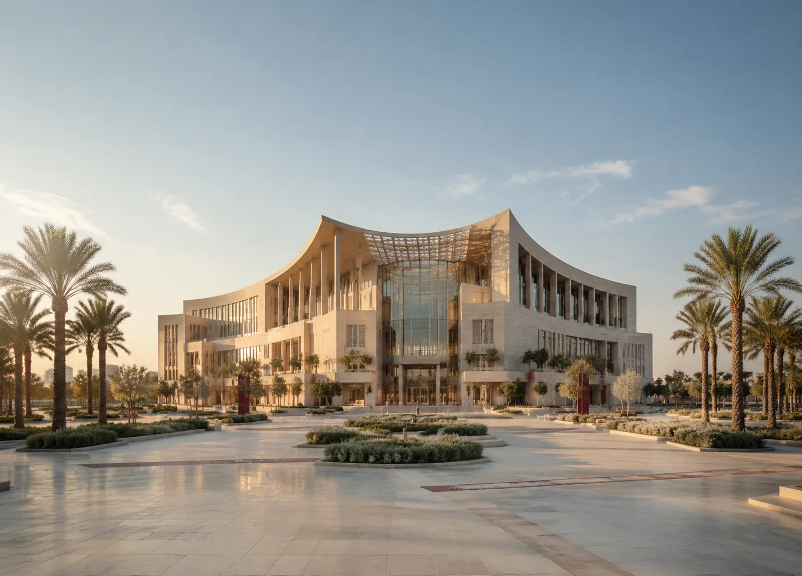 تصميم معماري لمبنى مدني مع ساحة منسّقة