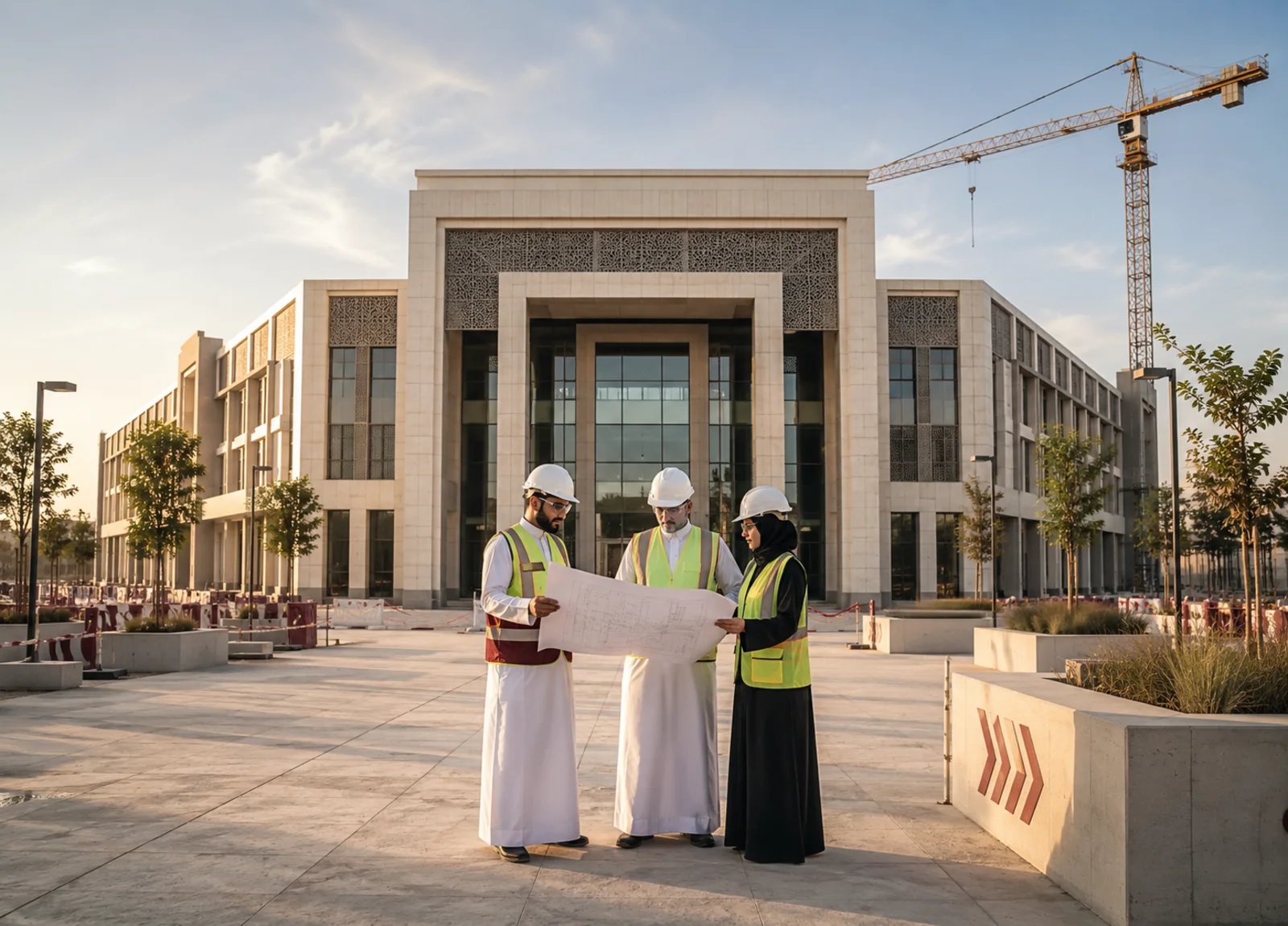 مهندسون يراجعون المخططات أثناء الإشراف على التنفيذ في الموقع