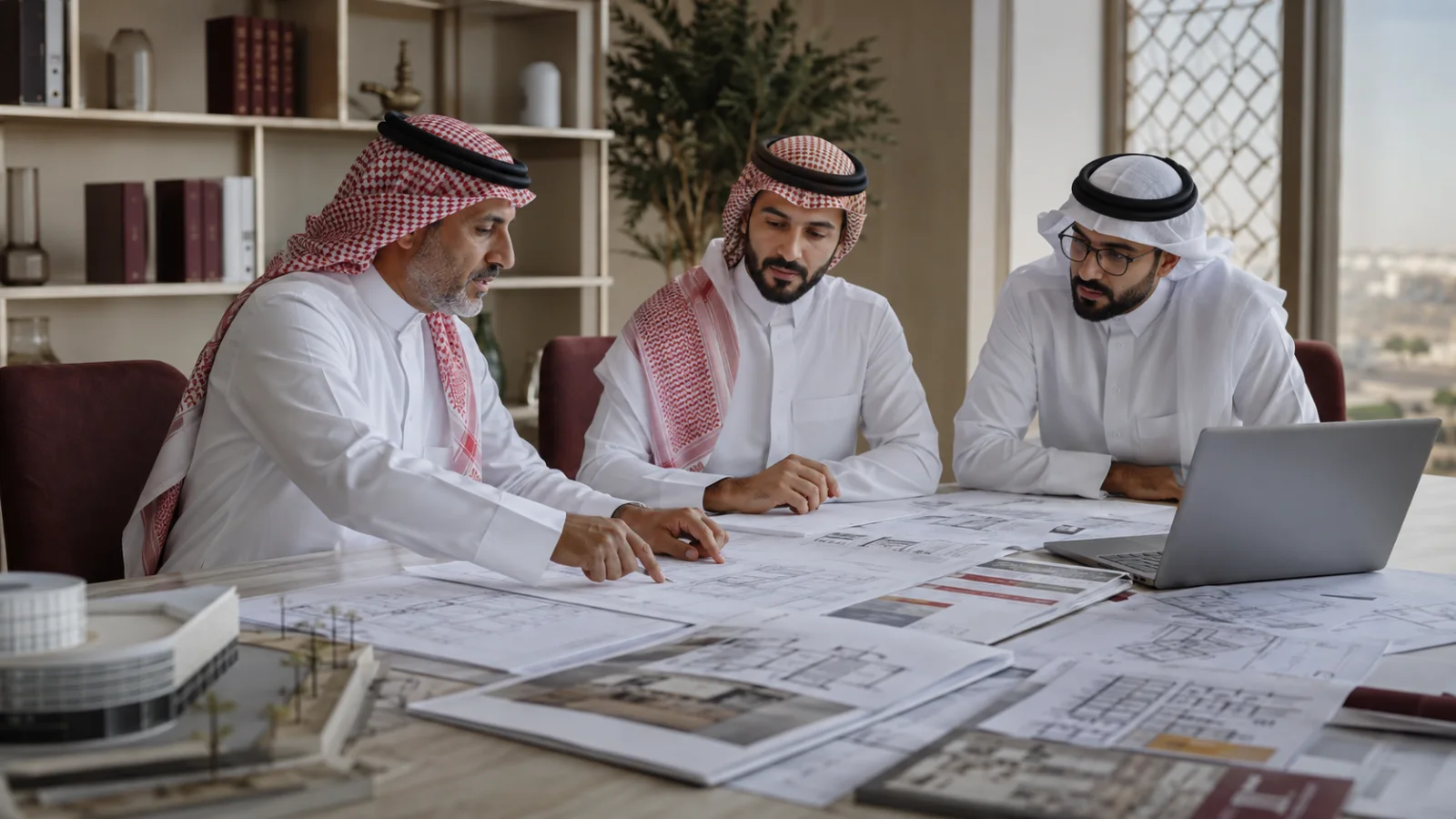 مهندسون يراجعون المخططات والمستندات الداعمة على طاولة الاجتماع