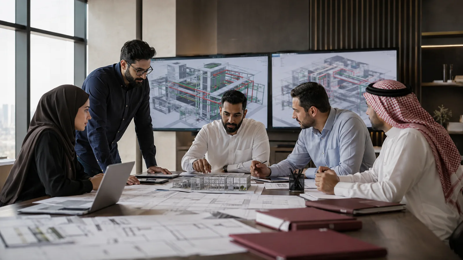 فريق متعدد التخصصات ينسّق نموذج الأنظمة المعروض على شاشات قاعة الاجتماعات