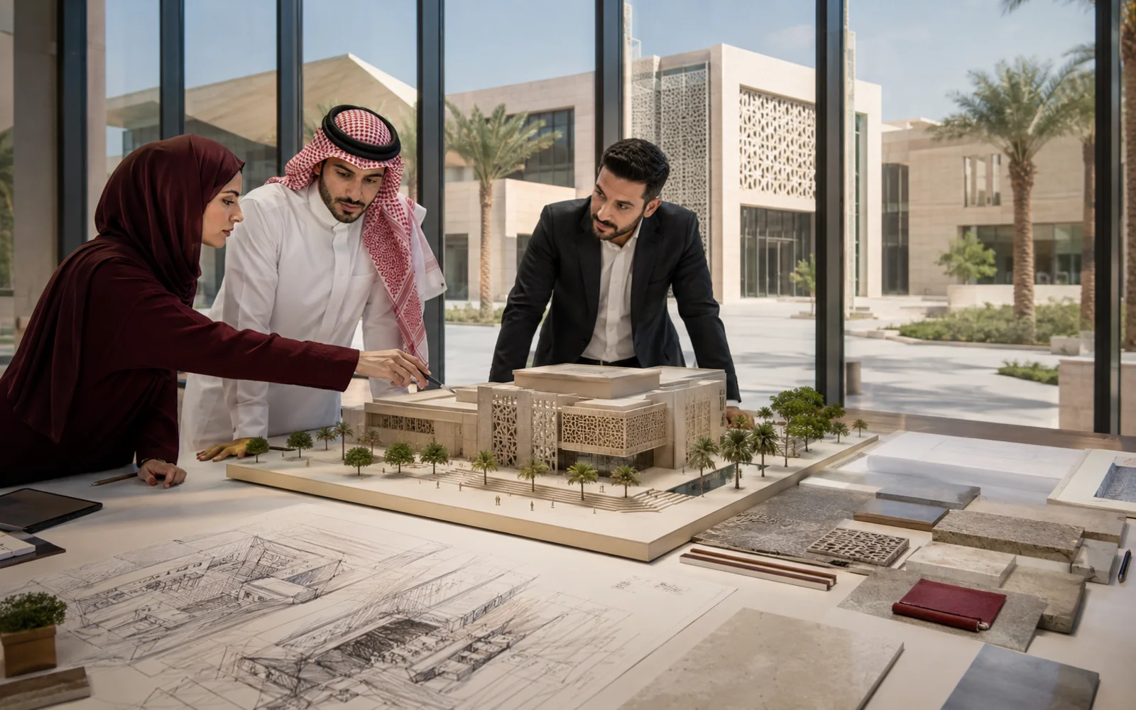 معماريون وعميل يراجعون مجسم مبنى حجري مع عينات المواد