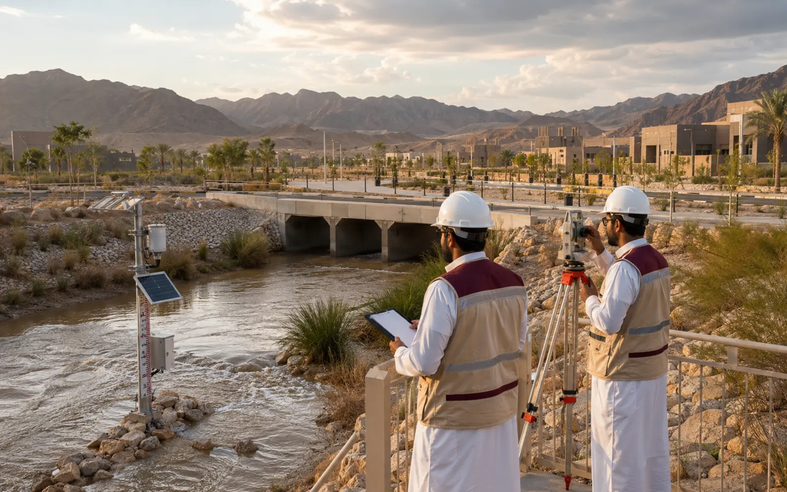 مهندسون يرصدون مجرى وادٍ جارٍ وعبّارة تصريف